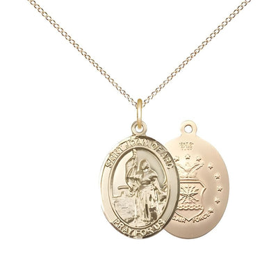 St. Joan of Arc Air Force 14kt Gold-filled Oval Medal Pendant with Gold-filled Chain, Measures 3/4-inch tall by 1/2-inch wide. Deluxe Gift Box, Bliss Manufacturing