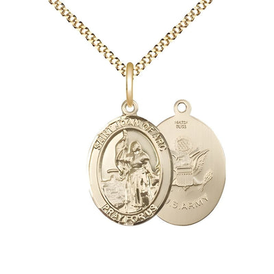 St. Joan of Arc Army 14kt Gold-filled Oval Medal Pendant with Gold-plated Chain, Measures 3/4-inch tall by 1/2-inch wide. Deluxe Gift Box, Bliss Manufacturing
