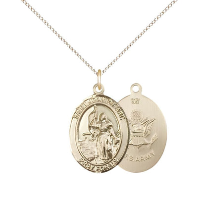 St. Joan of Arc Army 14kt Gold-filled Oval Medal Pendant with Gold-filled Chain, Measures 3/4-inch tall by 1/2-inch wide. Deluxe Gift Box, Bliss Manufacturing
