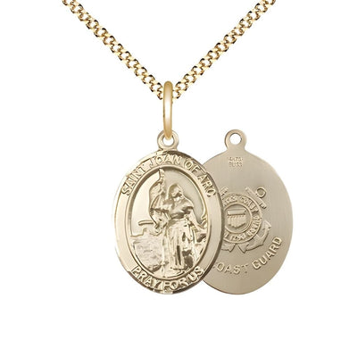 St. Joan of Arc Coast Guard 14kt Gold-filled Oval Medal Pendant with Gold-plated Chain, Measures 3/4-inch tall by 1/2-inch wide. Deluxe Gift Box, Bliss Manufacturing
