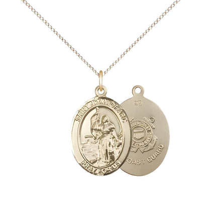 St. Joan of Arc Coast Guard 14kt Gold-filled Oval Medal Pendant with Gold-filled Chain, Measures 3/4-inch tall by 1/2-inch wide. Deluxe Gift Box, Bliss Manufacturing