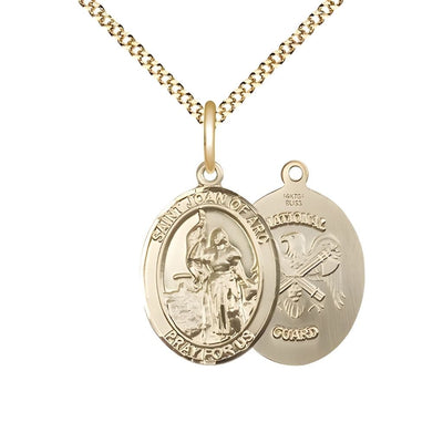 St. Joan of Arc National Guard 14kt Gold-filled Oval Medal Pendant with Gold-plated Chain, Measures 3/4-inch tall by 1/2-inch wide. Deluxe Gift Box, Bliss Manufacturing