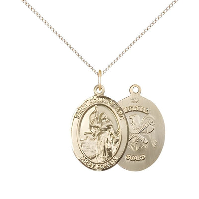 St. Joan of Arc National Guard 14kt Gold-filled Oval Medal Pendant with Gold-filled Chain, Measures 3/4-inch tall by 1/2-inch wide. Deluxe Gift Box, Bliss Manufacturing