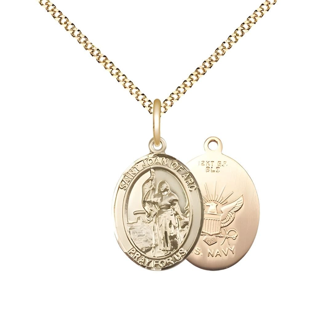 Bliss St. Joan Arc of Navy 14kt Gold-filled Oval Medal Pendant with Gold-plated Chain, Measures 3/4-inch tall by 1/2-inch wide. Deluxe Gift Box.