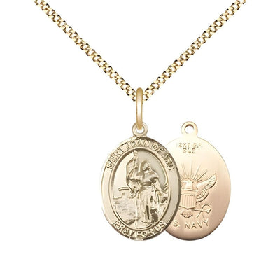 St. Joan Arc of Navy 14kt Gold-filled Oval Medal Pendant with Gold-plated Chain, Measures 3/4-inch tall by 1/2-inch wide. Deluxe Gift Box, Bliss Manufacturing
