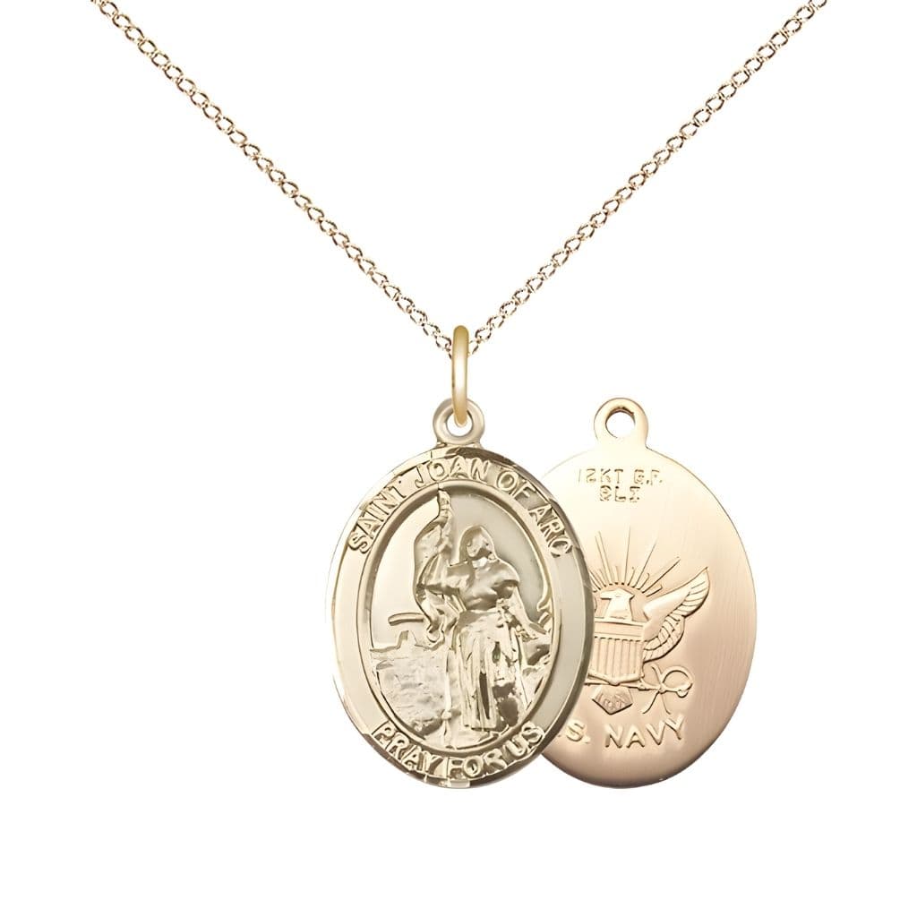 Bliss St. Joan of Arc Navy 14kt Gold-filled Oval Medal Pendant with Gold-filled Chain, Measures 3/4-inch tall by 1/2-inch wide. Deluxe Gift Box.