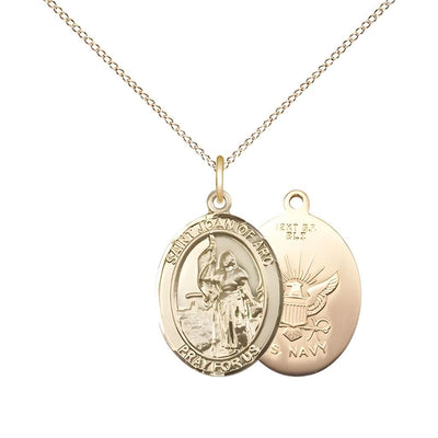 St. Joan of Arc Navy 14kt Gold-filled Oval Medal Pendant with Gold-filled Chain, Measures 3/4-inch tall by 1/2-inch wide. Deluxe Gift Box, Bliss Manufacturing
