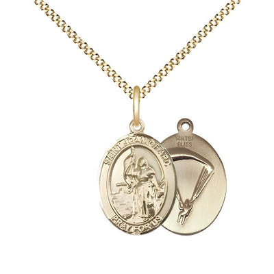 St. Joan of Arc Paratrooper 14kt Gold-filled Oval Medal Pendant with Gold-plated Chain, Measures 3/4-inch tall by 1/2-inch wide. Deluxe Gift Box, Bliss Manufacturing