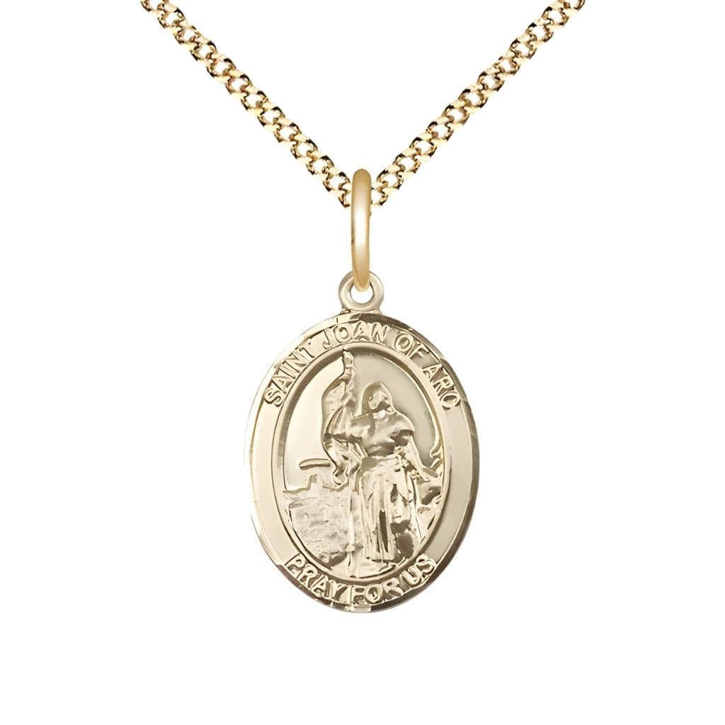 Bliss St. Joan of Arc 14kt Gold-filled Oval Medal Pendant with Gold-plated Chain, Measures 3/4-inch tall by 1/2-inch wide. Deluxe Gift Box.