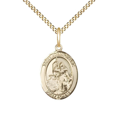 St. Joan of Arc 14kt Gold-filled Oval Medal Pendant with Gold-plated Chain, Measures 3/4-inch tall by 1/2-inch wide. Deluxe Gift Box, Bliss Manufacturing