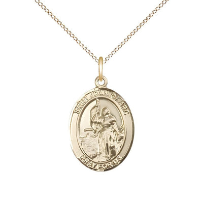 St. Joan of Arc 14kt Gold-filled Oval Medal Pendant with Gold-filled Chain, Measures 3/4-inch tall by 1/2-inch wide. Deluxe Gift Box, Bliss Manufacturing