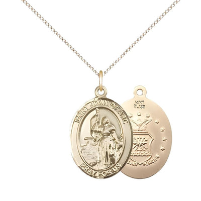 St. Joan of Arc Air Force 14kt Gold Oval Medal Pendant with 14kt Gold Chain, Measures 3/4-inch tall by 1/2-inch wide. Deluxe Gift Box, Bliss Manufacturing