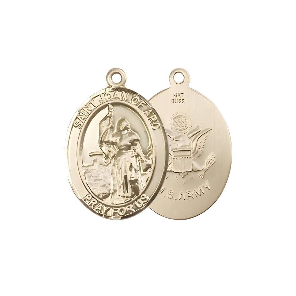 Bliss St. Joan of Arc Army 14kt Gold Oval Medal Pendant, Measures 3/4-inch tall by 1/2-inch wide. Deluxe Gift Box.