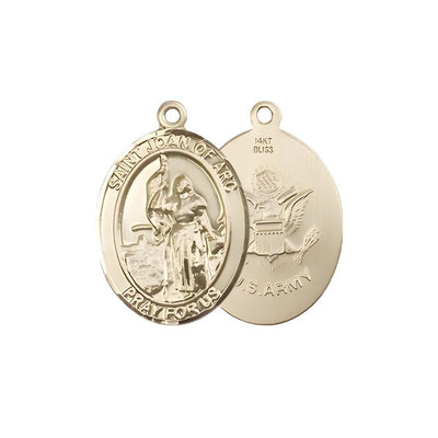 St. Joan of Arc Army 14kt Gold Oval Medal Pendant, Measures 3/4-inch tall by 1/2-inch wide. Deluxe Gift Box, Bliss Manufacturing