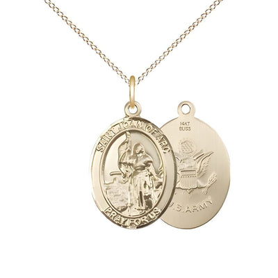 St. Joan of Arc Army 14kt Gold Oval Medal Pendant with 14kt Gold Chain, Measures 3/4-inch tall by 1/2-inch wide. Deluxe Gift Box, Bliss Manufacturing