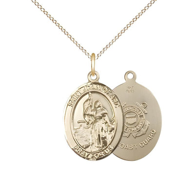 St. Joan of Arc Coast Guard 14kt Gold Oval Medal Pendant with 14kt Gold Chain, Measures 3/4-inch tall by 1/2-inch wide. Deluxe Gift Box, Bliss Manufacturing