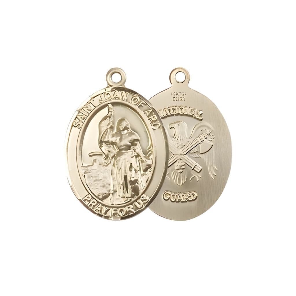 Bliss St. Joan of Arc National Guard 14kt Gold Oval Medal Pendant, Measures 3/4-inch tall by 1/2-inch wide. Deluxe Gift Box.