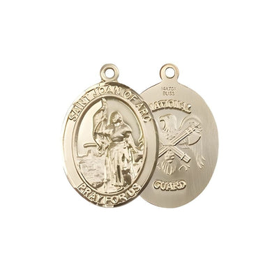 St. Joan of Arc National Guard 14kt Gold Oval Medal Pendant, Measures 3/4-inch tall by 1/2-inch wide. Deluxe Gift Box, Bliss Manufacturing