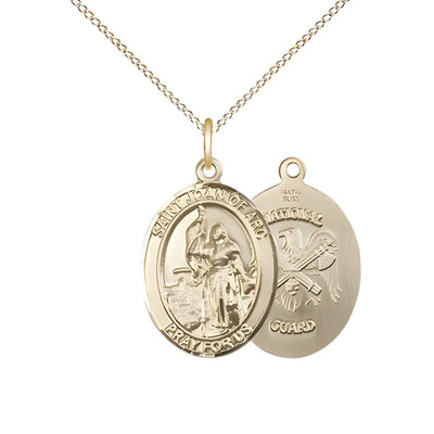 St. Joan of Arc National Guard 14kt Gold Oval Medal Pendant with 14kt Gold Chain, Measures 3/4-inch tall by 1/2-inch wide. Deluxe Gift Box, Bliss Manufacturing
