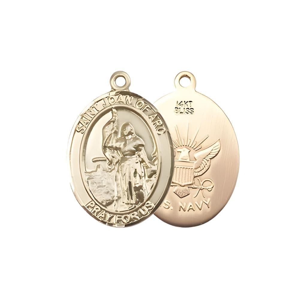 Bliss St. Joan Arc of Navy 14kt Gold Oval Medal Pendant, Measures 3/4-inch tall by 1/2-inch wide. Deluxe Gift Box.