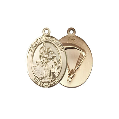 St. Joan of Arc Paratrooper 14kt Gold Oval Medal Pendant, Measures 3/4-inch tall by 1/2-inch wide. Deluxe Gift Box, Bliss Manufacturing