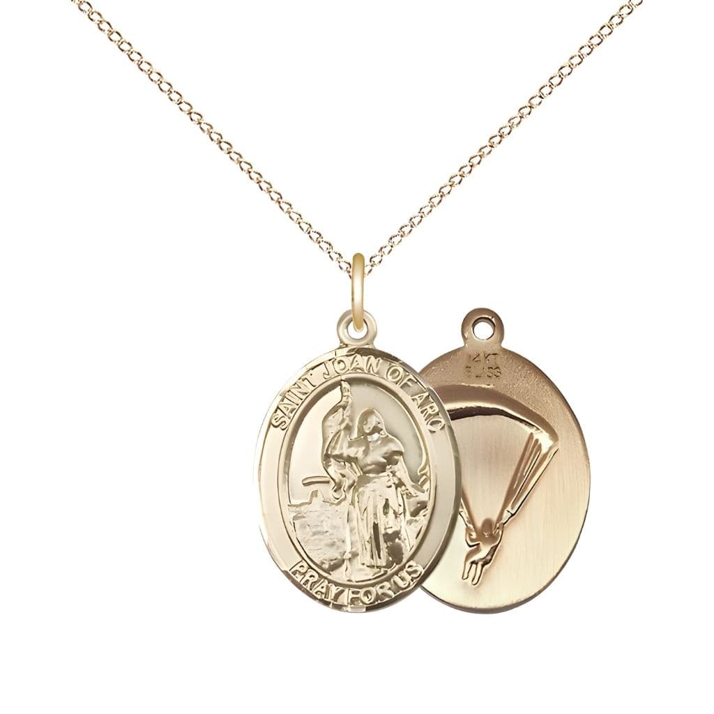 Bliss St. Joan of Arc Paratrooper 14kt Gold Oval Medal Pendant with 14kt Gold Chain, Measures 3/4-inch tall by 1/2-inch wide. Deluxe Gift Box.