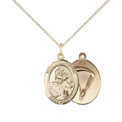 St. Joan of Arc Paratrooper 14kt Gold Oval Medal Pendant with 14kt Gold Chain, Measures 3/4-inch tall by 1/2-inch wide. Deluxe Gift Box, Bliss Manufacturing