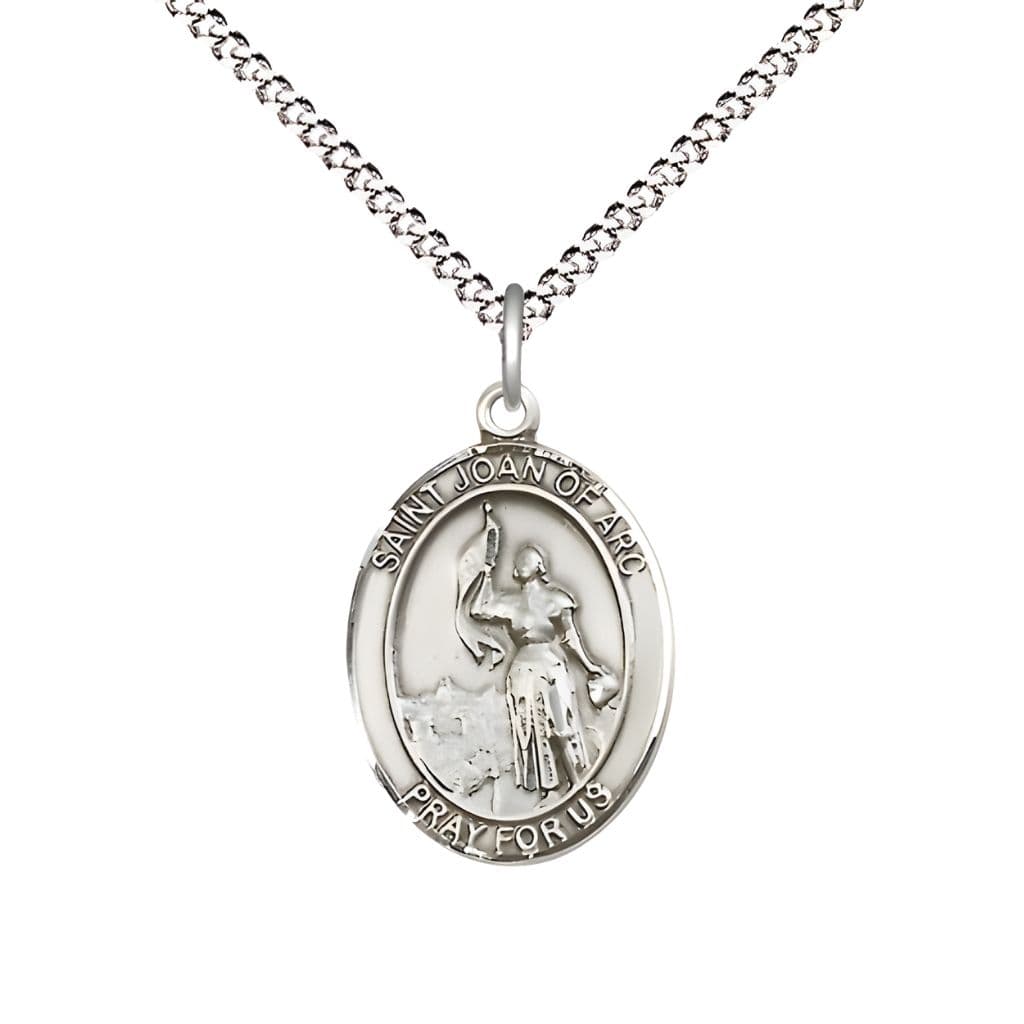 Bliss Paratrooper St. Joan of Arc Pewter Oval Medal Pendant with Rhodium-plated Chain, Measures 3/4-inch tall by 1/2-inch wide. Deluxe Gift Box.