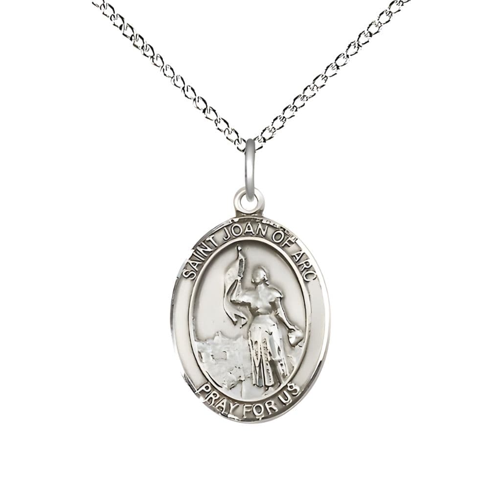 Bliss St. Joan of Arc with Air Force on back Sterling Silver Oval Medal Pendant with Sterling Chain, Measures 3/4-inch tall by 1/2-inch wide. Deluxe Gift Box.
