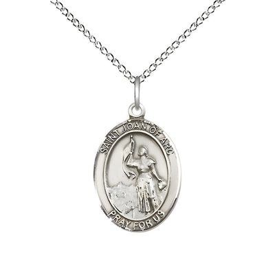 St. Joan of Arc with the Army on back Sterling Silver Oval Medal Pendant with Sterling Chain, Measures 3/4-inch tall by 1/2-inch wide. Deluxe Gift Box, Bliss Manufacturing