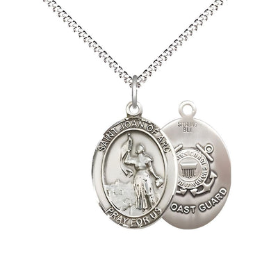 St. Joan of Arc Coast Guard Sterling Silver Oval Medal Pendant with Rhodium-plated Chain, Measures 3/4-inch tall by 1/2-inch wide. Deluxe Gift Box, Bliss Manufacturing
