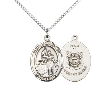 St. Joan of Arc Coast Guard Sterling Silver Oval Medal Pendant with Sterling Silver Chain, Measures 3/4-inch tall by 1/2-inch wide. Deluxe Gift Box, Bliss Manufacturing