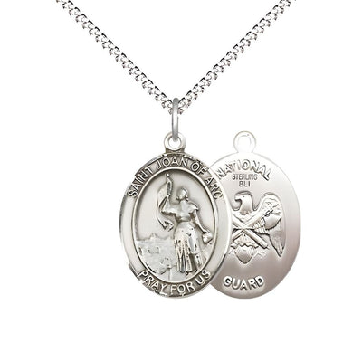 St. Joan of Arc National Guard Sterling Silver Oval Medal Pendant with Rhodium-plated Chain, Measures 3/4-inch tall by 1/2-inch wide. Deluxe Gift Box, Bliss Manufacturing