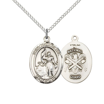 St. Joan of Arc National Guard Sterling Silver Oval Medal Pendant with Sterling Silver Chain, Measures 3/4-inch tall by 1/2-inch wide. Deluxe Gift Box, Bliss Manufacturing