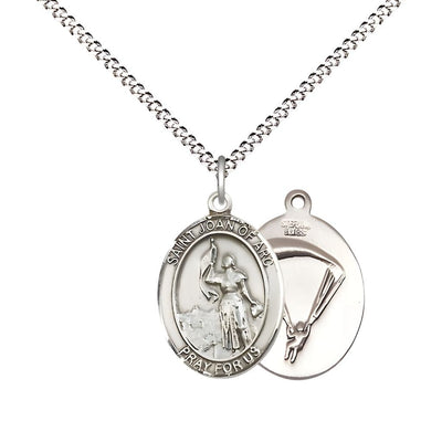 St. Joan of Arc Paratrooper Sterling Silver Oval Medal Pendant with Rhodium-plated Chain, Measures 3/4-inch tall by 1/2-inch wide. Deluxe Gift Box, Bliss Manufacturing