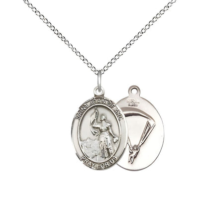 St. Joan of Arc Paratrooper Sterling Silver Oval Medal Pendant with Sterling Silver Chain, Measures 3/4-inch tall by 1/2-inch wide. Deluxe Gift Box, Bliss Manufacturing