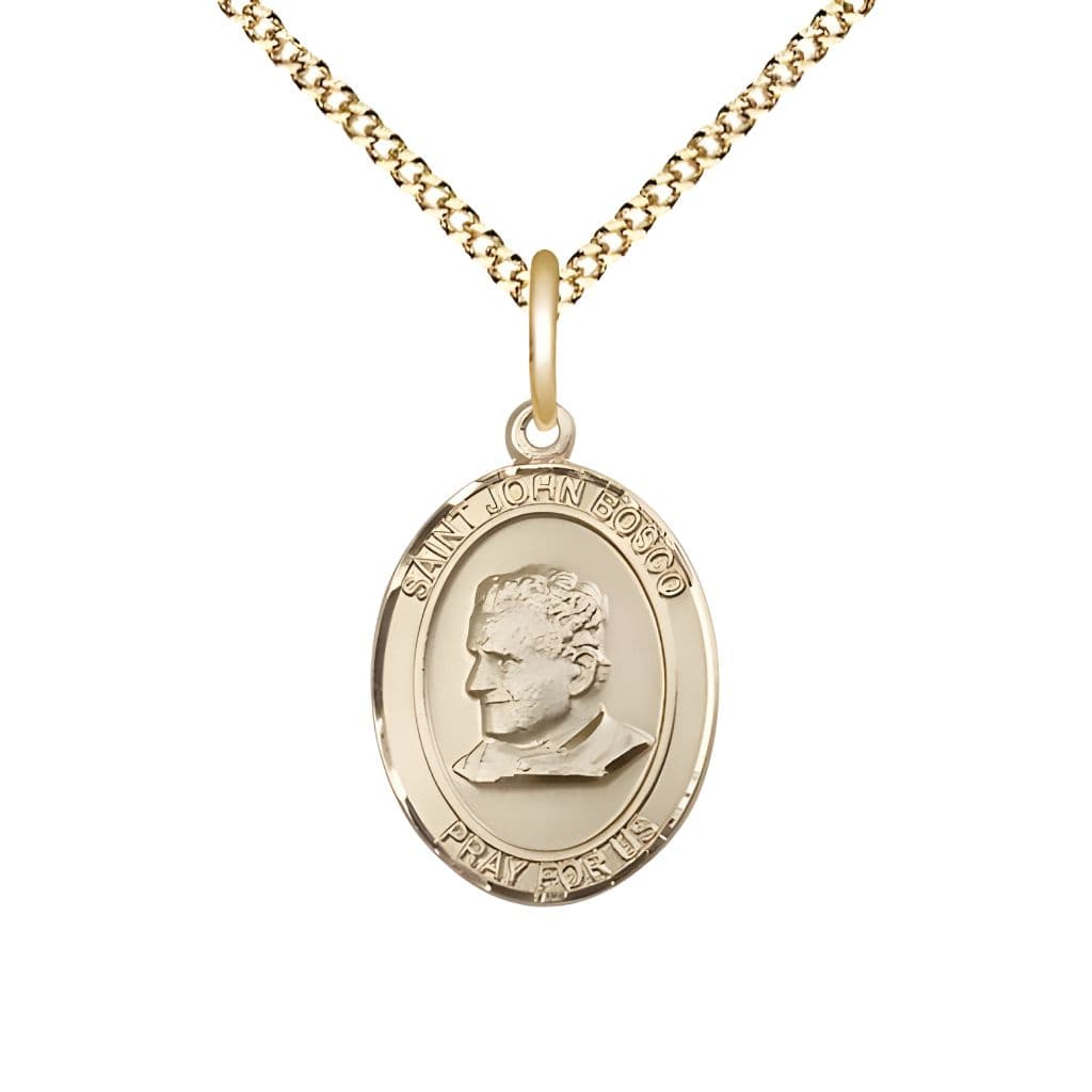 Bliss St. John Bosco 14kt Gold-filled Oval Medal Pendant with Gold-plated Chain, Measures 3/4-inch tall by 1/2-inch wide.