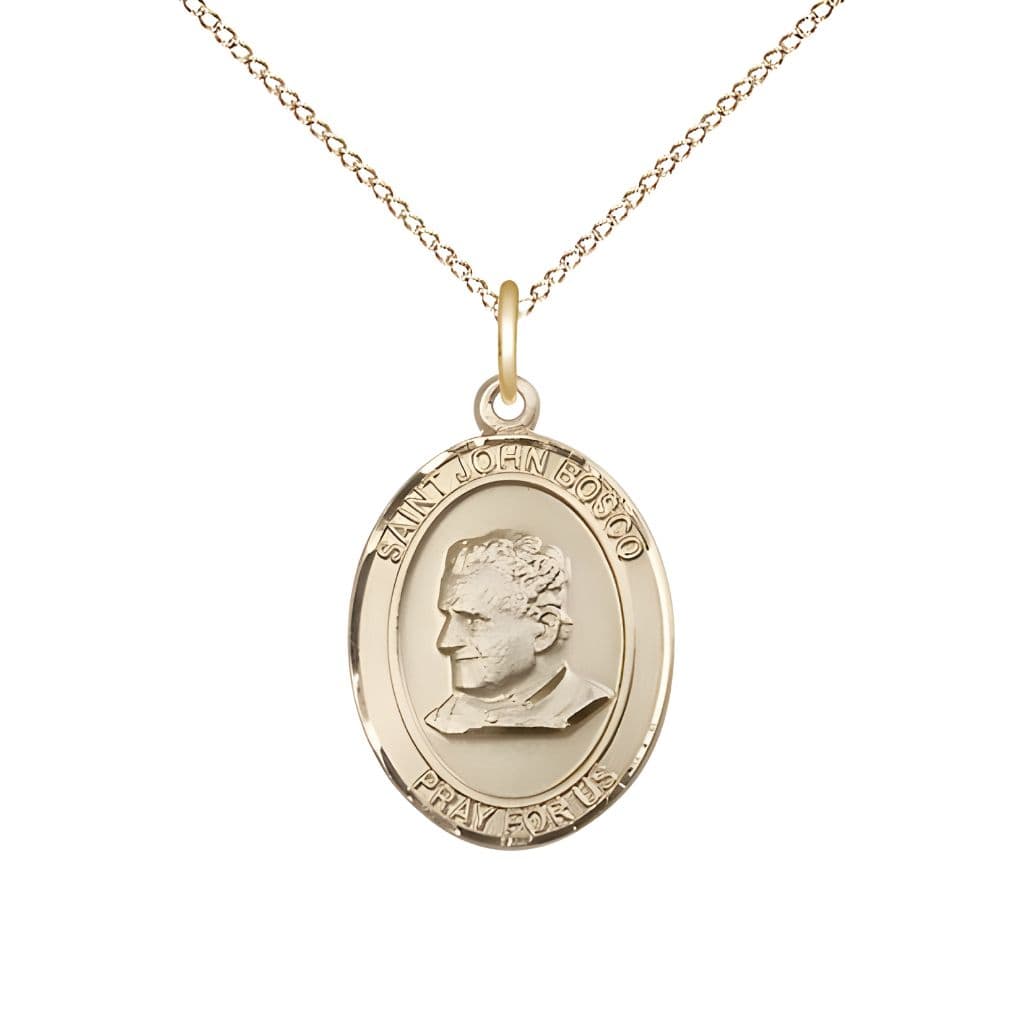Bliss St. John Bosco 14kt Gold-filled Oval Medal Pendant with Gold-filled Chain, Measures 3/4-inch tall by 1/2-inch wide.
