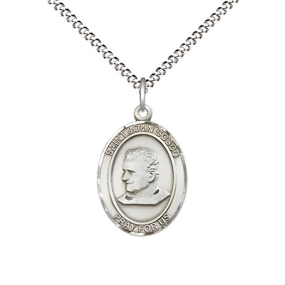 St. John Bosco Pewter Oval Medal Pendant with Rhodium-plated Chain, Measures 3/4-inch tall by 1/2-inch wide, Bliss Manufacturing