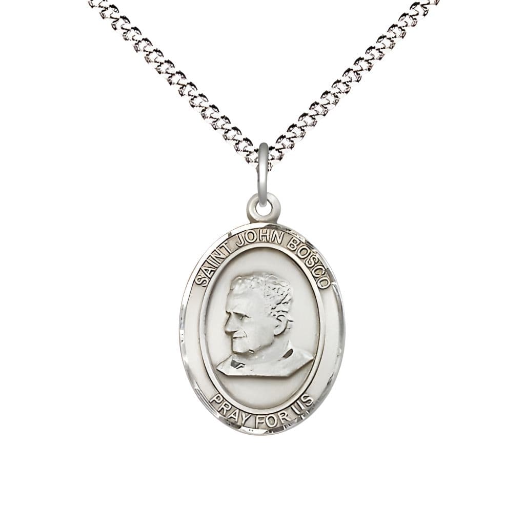 Bliss St. John Bosco Sterling Silver Oval Medal Pendant with Rhodium-plated Chain, Measures 3/4-inch tall by 1/2-inch wide.