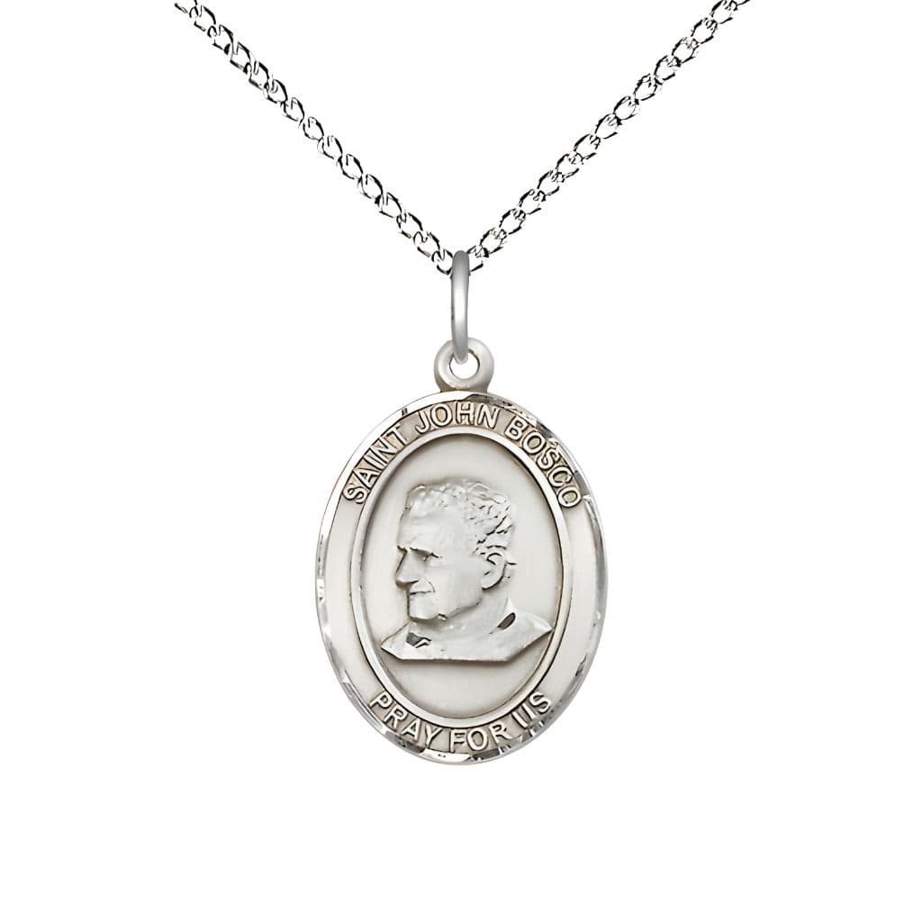 Bliss St. John Bosco Sterling Silver Oval Medal Pendant with Sterling Chain, Measures 3/4-inch tall by 1/2-inch wide.