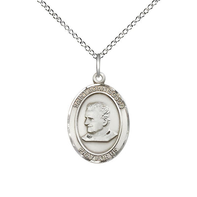 St. John Bosco Sterling Silver Oval Medal Pendant with Sterling Chain, Measures 3/4-inch tall by 1/2-inch wide, Bliss Manufacturing