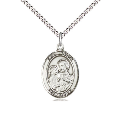 St Joseph Medium Size Pewter Oval Engravable Medal Necklace with Chain, Bliss Manufacturing