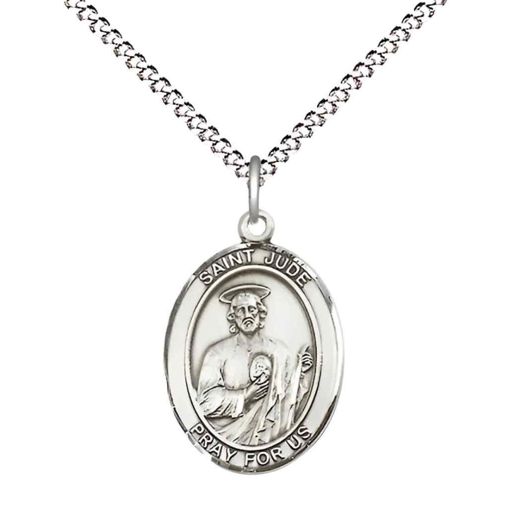 Medium Saint Jude Thaddeus Pewter Oval Medal Pendant with 18" Rhodium-plated Curb Chain with Deluxe Gift Box | Bliss Manufacturing