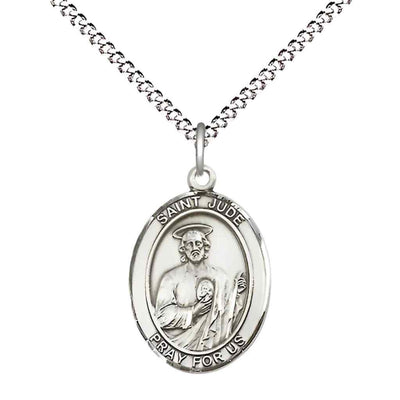 Medium Saint Jude Thaddeus Pewter Oval Medal Pendant with 18" Rhodium-plated Curb Chain with Deluxe Gift Box | Bliss Manufacturing