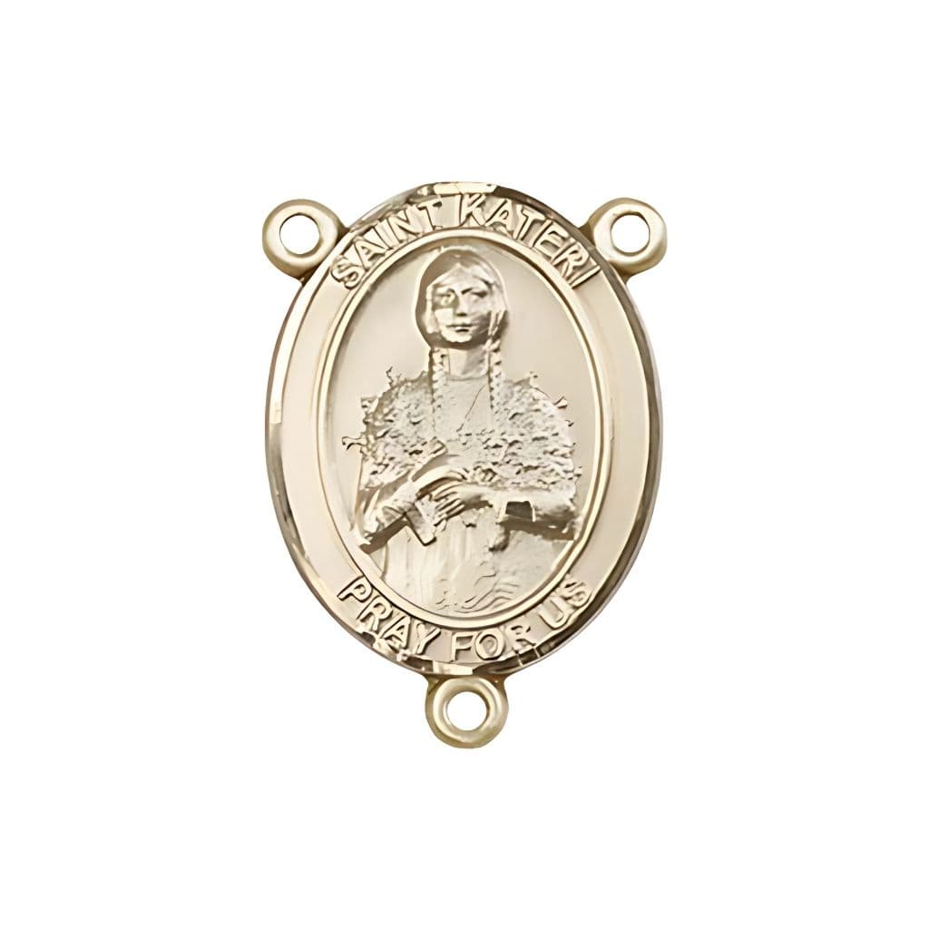 Bliss St. Kateri Tekakwitha Engravable Rosary Centerpiece in Gold, 34-inch,