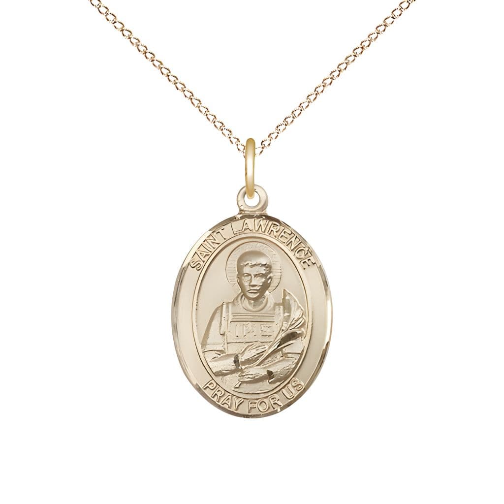 Bliss St. Lawrence 14kt Gold Oval Medal Pendant with 14kt Gold Chain, Measures 3/4-inch tall by 1/2-inch wide.