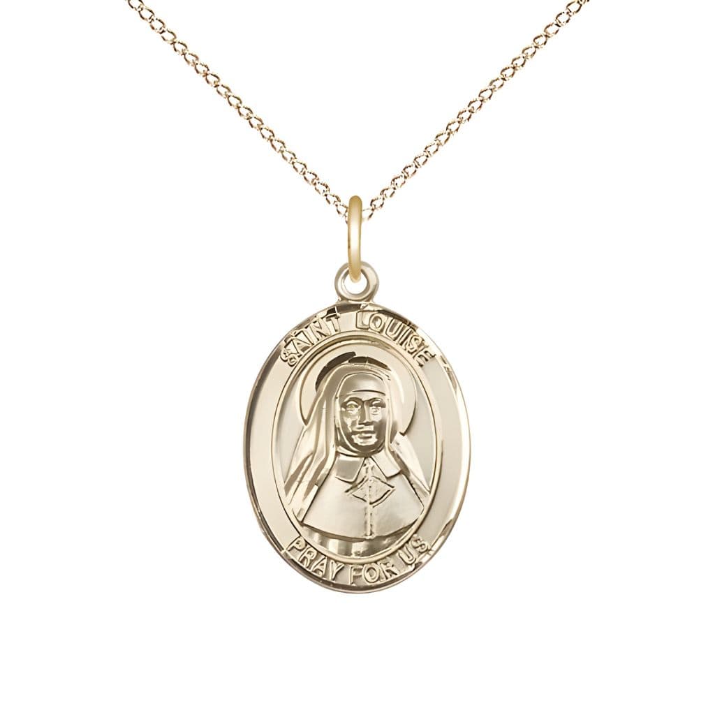 Bliss St. Louise de Marillac 14kt Gold Oval Medal Pendant with 14kt Gold Chain, Measures 3/4-inch tall by 1/2-inch wide.