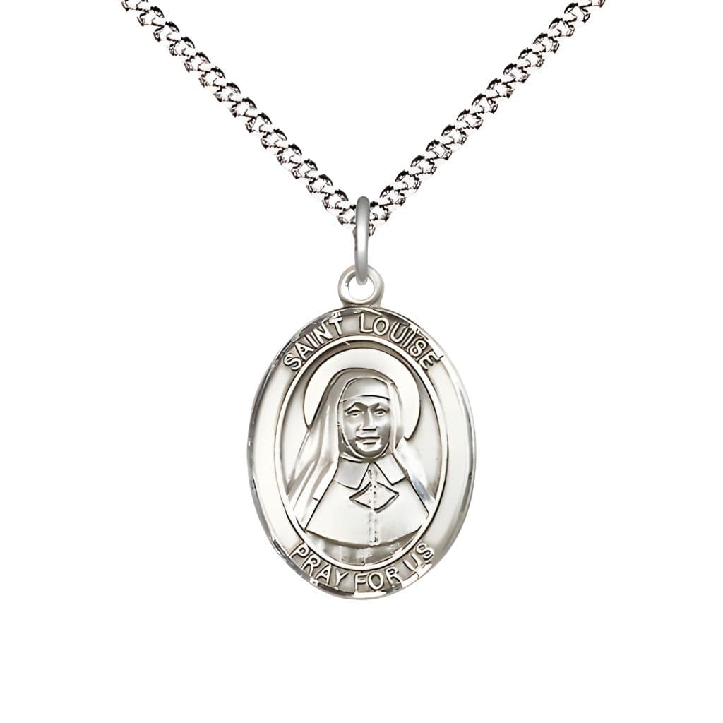Bliss St. Louise de Marillac Pewter Oval Medal Pendant with Rhodium-plated Chain, Measures 3/4-inch tall by 1/2-inch wide.