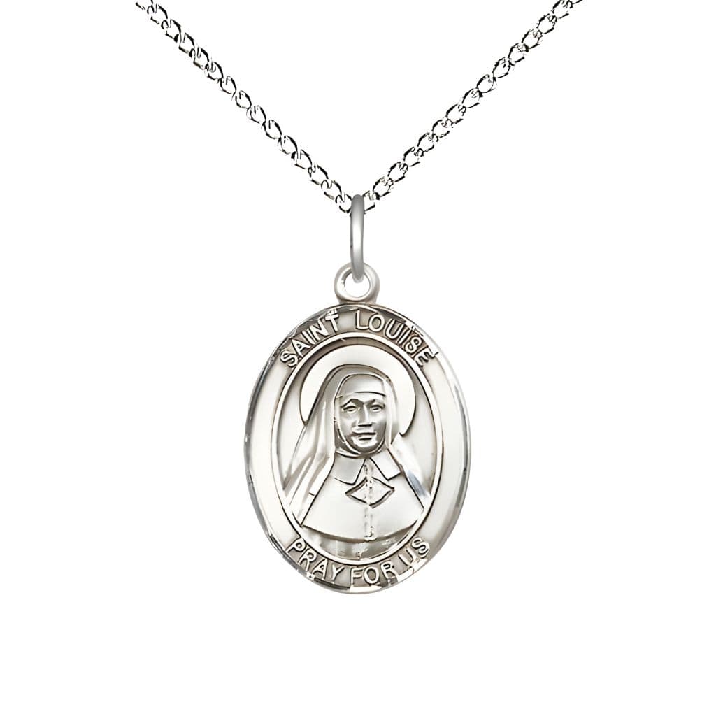 Bliss St. Louise de Marillac Sterling Silver Oval Medal Pendant with Sterling Chain, Measures 3/4-inch tall by 1/2-inch wide.